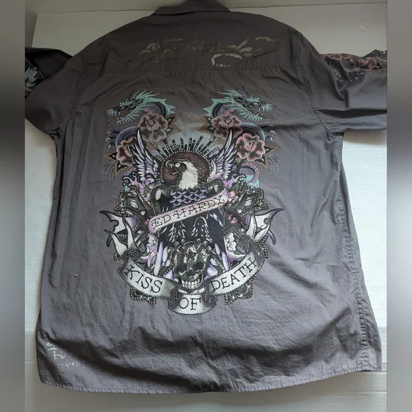 Vtg Ed Hardy Christian Audigier Floral Skull Kiss Of Death Men’s XL Grey - Picture 10 of 16